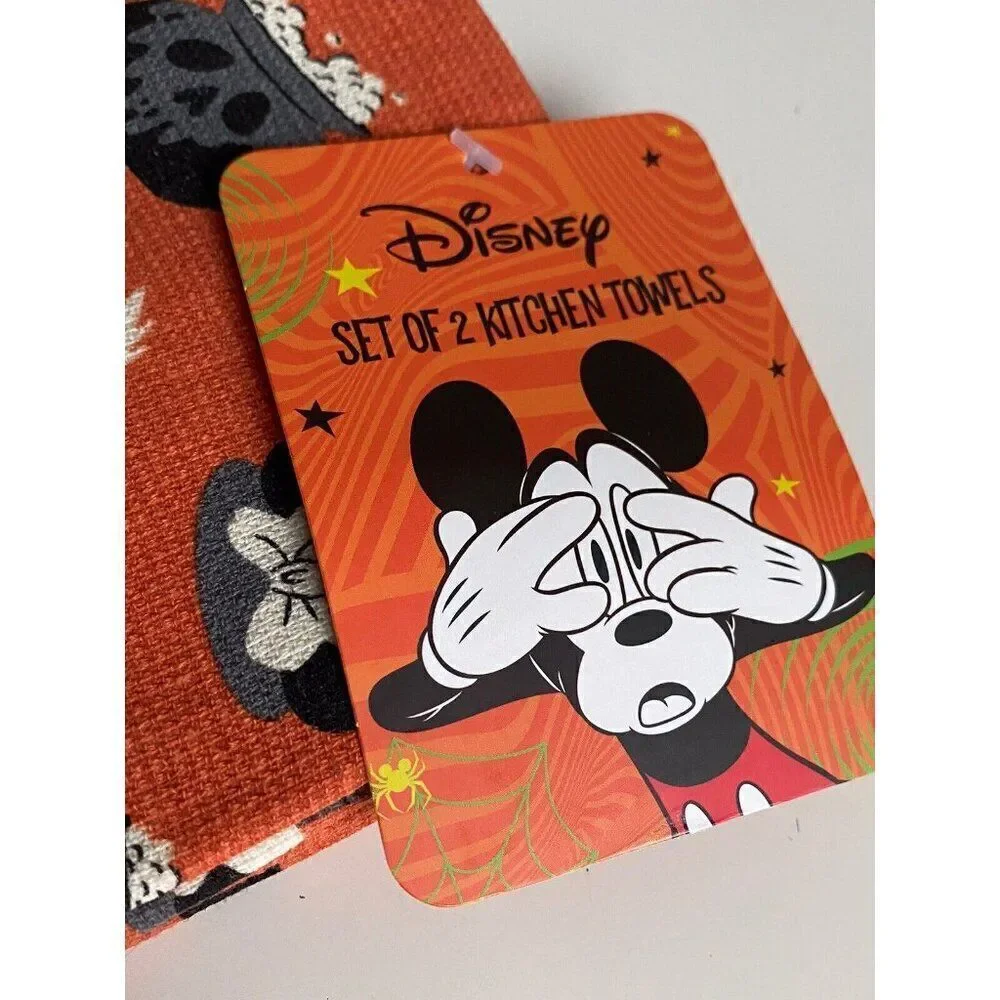 2 Pack Disney Mickey Mouse Halloween Kitchen Towels Jack O Lantern Witch Hat NEW